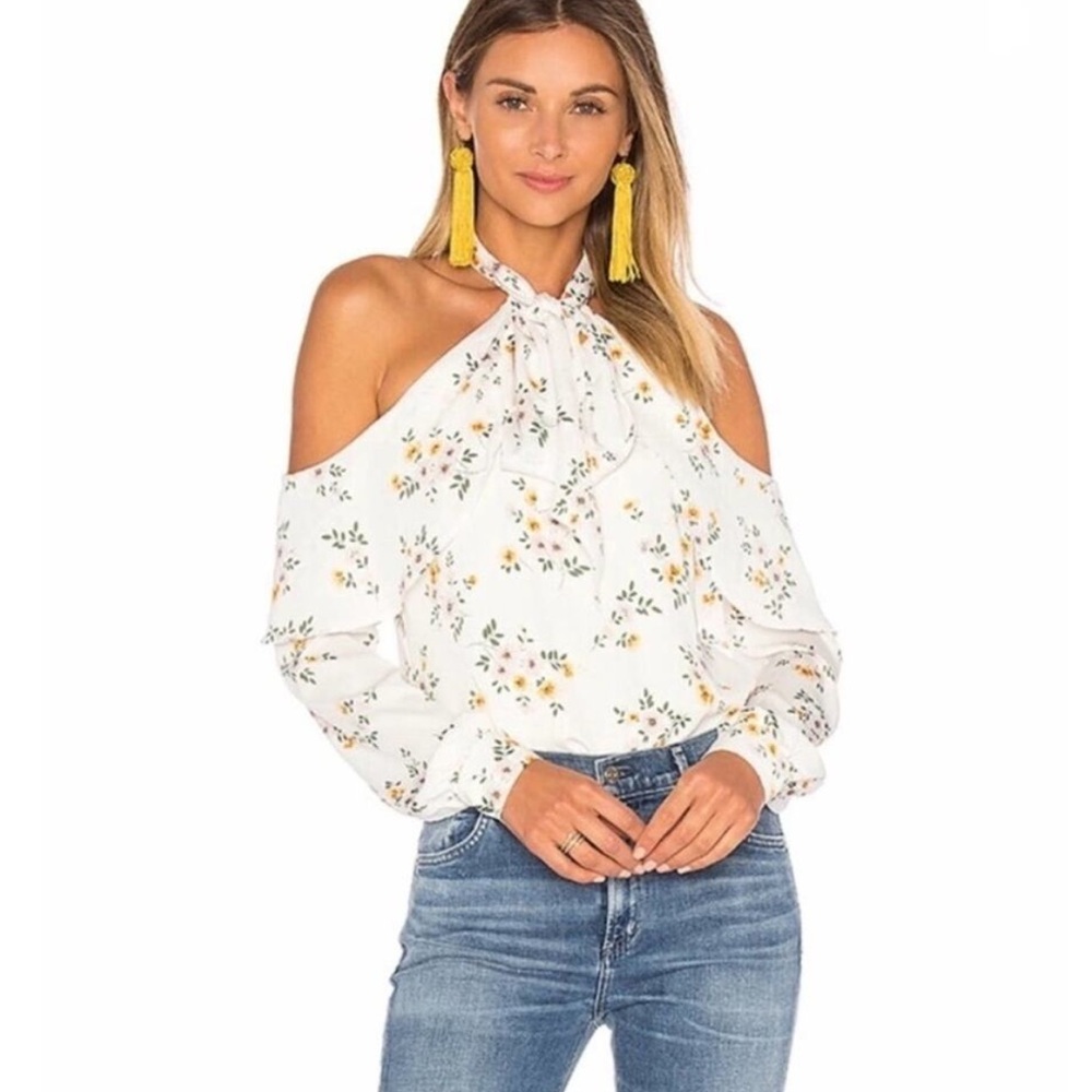L'Academie white floral ruffle cut out shoulder long sleeve top Small